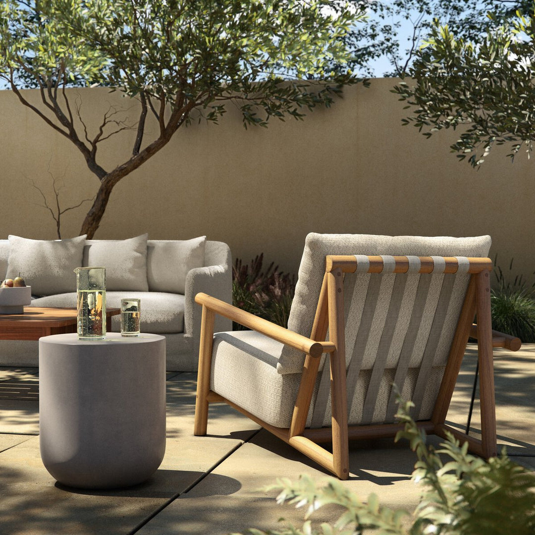 Cardiff Outdoor Chair in Faye Sand, Natural Teak back view - Whats New Furniture Portland OR