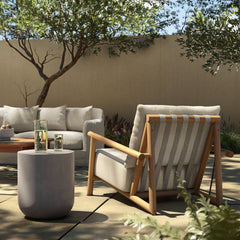 Cardiff Outdoor Chair in Faye Sand, Natural Teak back view - Whats New Furniture Portland OR