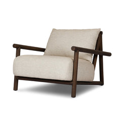 Cardiff Outdoor Chair in Faye Sand, Saddle Brown Teak three-quarter view - Whats New Furniture Portland OR