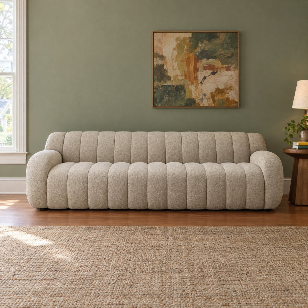 Carina Sofa in Weslie Flax in a styled Portland living room - Whats New Furniture Portland OR