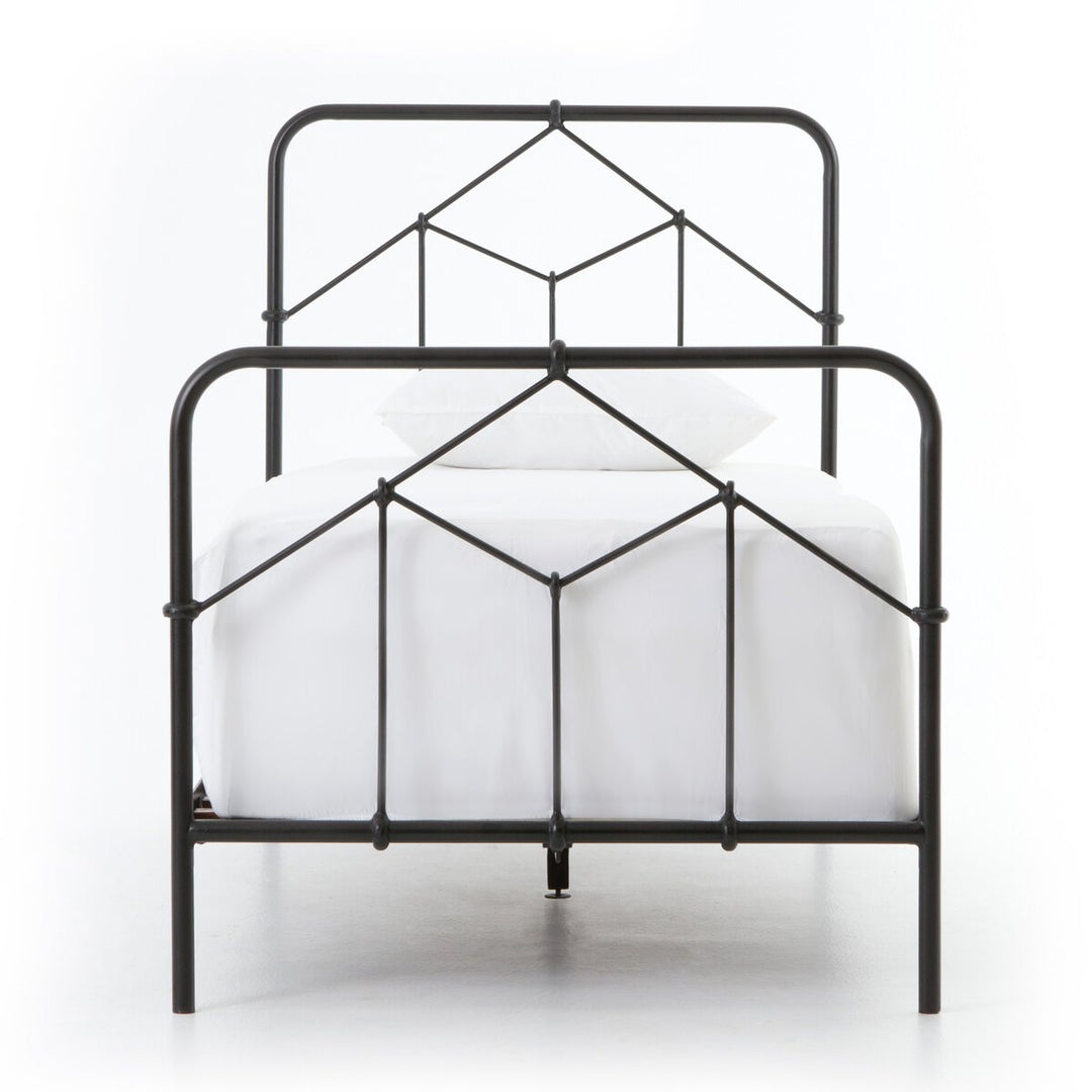 Casey Bed in Sandblasted Vintage Black / Toasted Eucalyptus Veneer / Twin front studio view - Whats New Furniture Portland OR