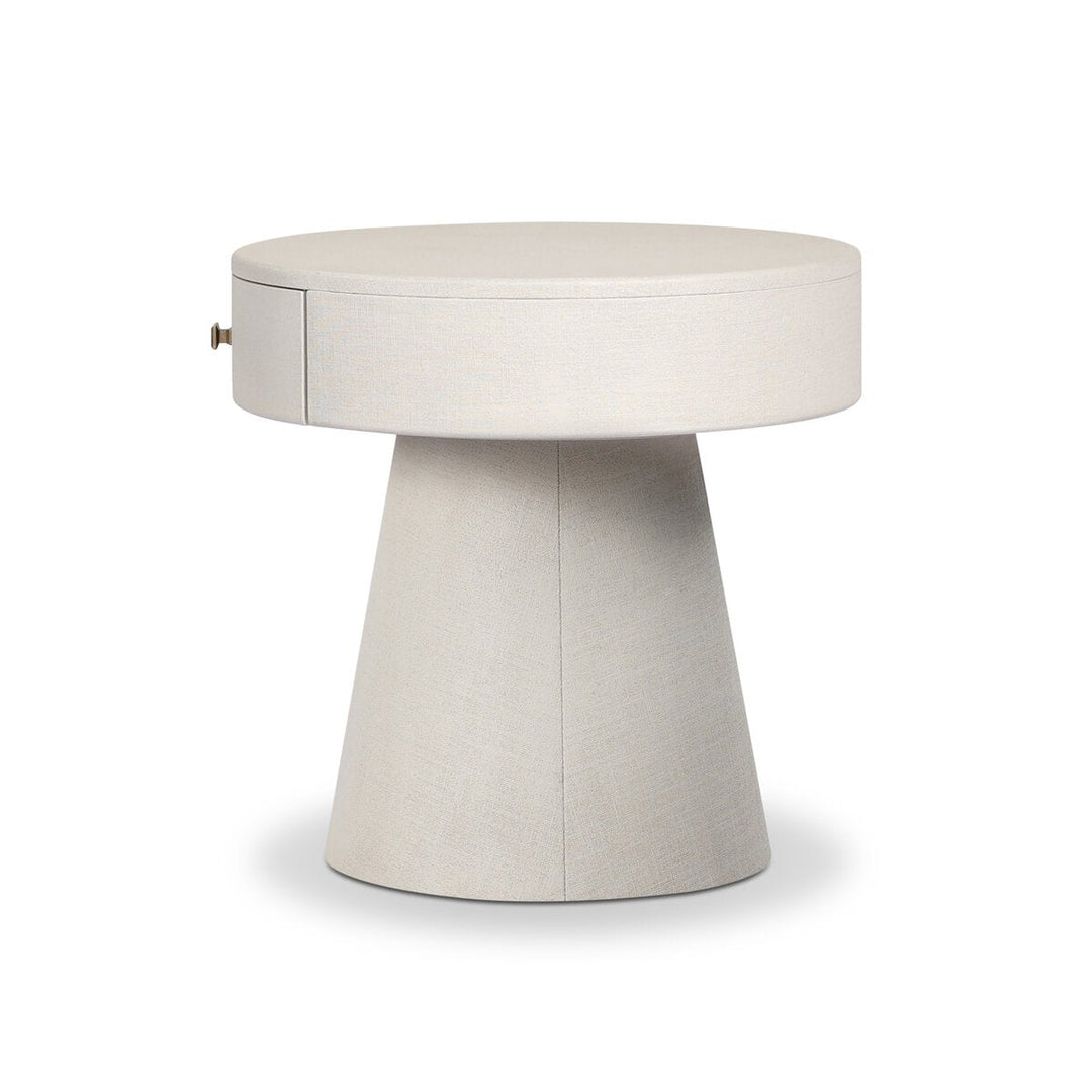 Chiro Nightstand in Ivory Painted Linen side view - Whats New Furniture Portland OR