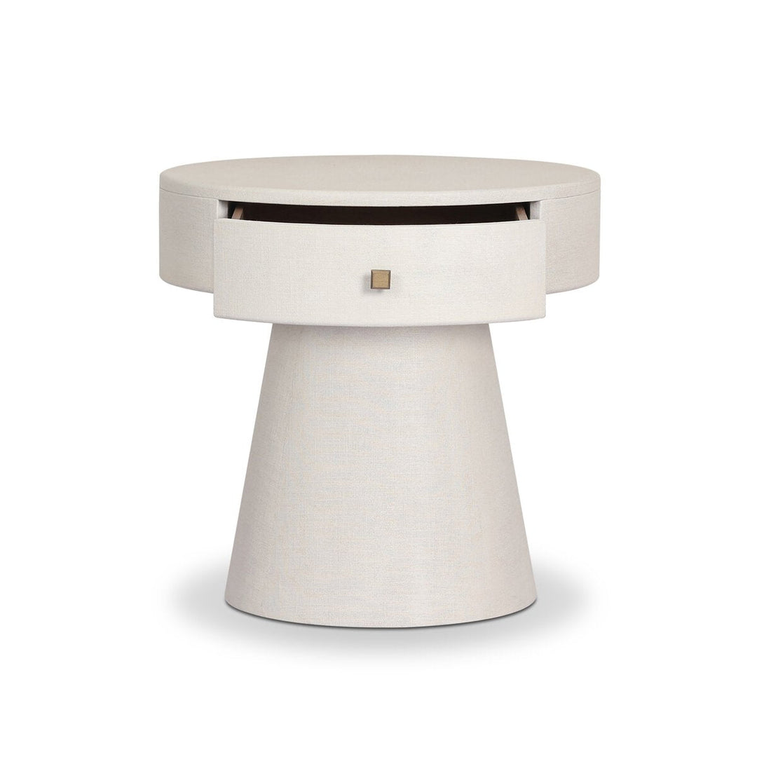 Chiro Nightstand in Ivory Painted Linen detail view - Whats New Furniture Portland OR