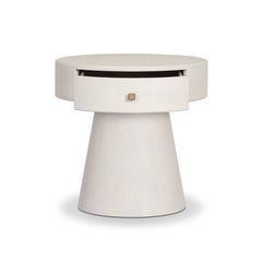 Chiro Nightstand in Ivory Painted Linen detail view - Whats New Furniture Portland OR