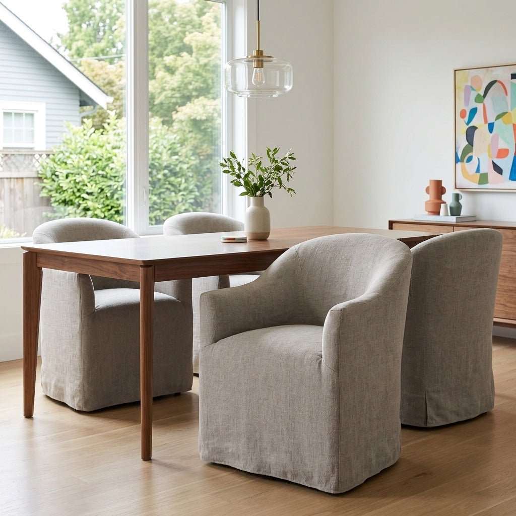 Cove Dining Chair in Heather Twill Stone dining room setting - caster dining chair by Four Hands - Whats New Furniture Portland OR