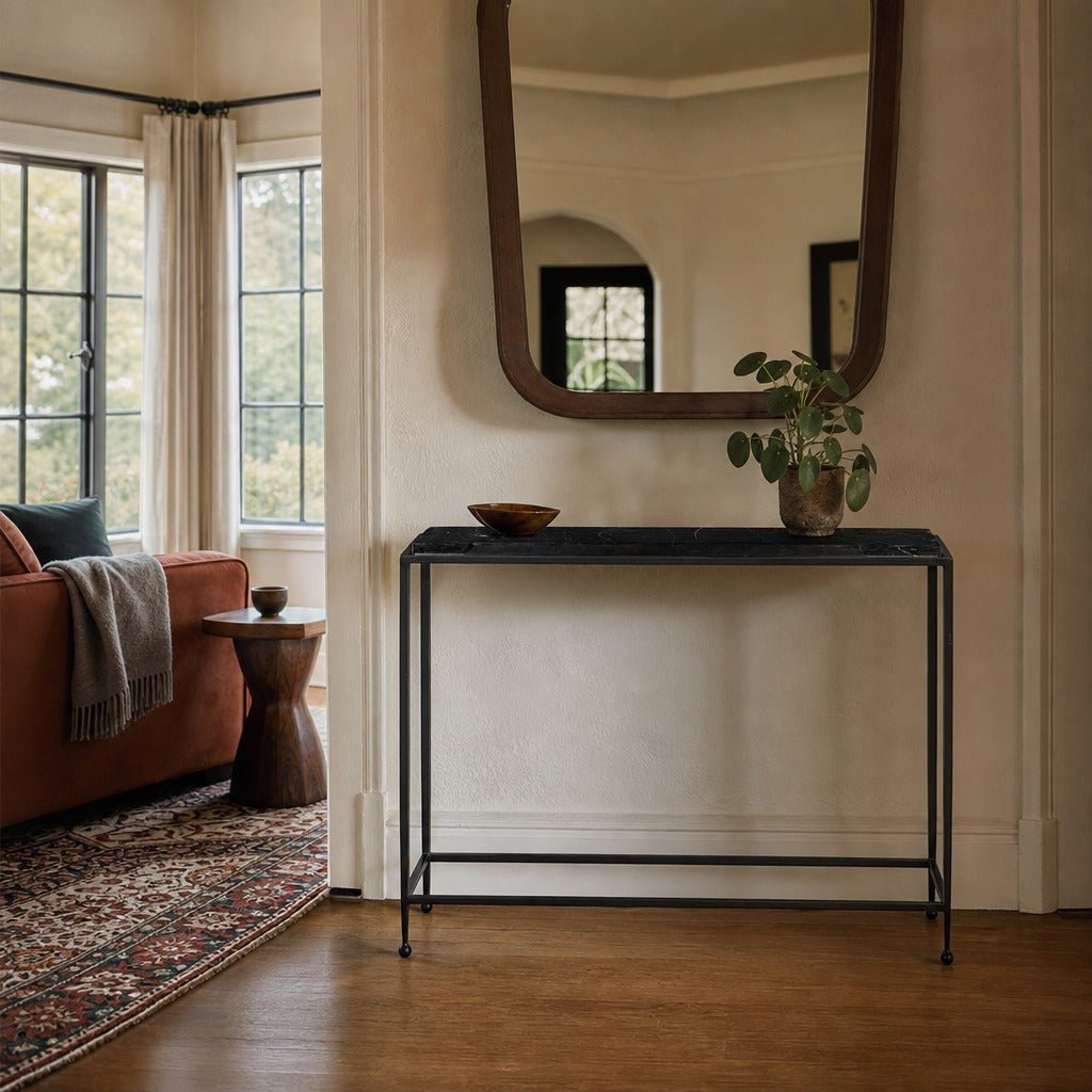 Dalston Cast Glass Console Table styled in Portland Laurelhurst Tudor cottage entryway - Whats New Furniture