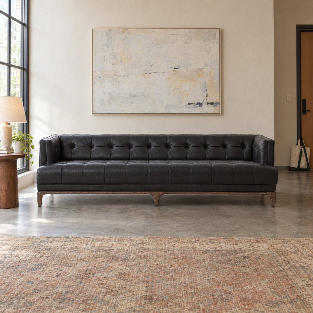 Dylan Sofa 91" in Rider Black leather in a styled Portland living room - Whats New Furniture Portland OR