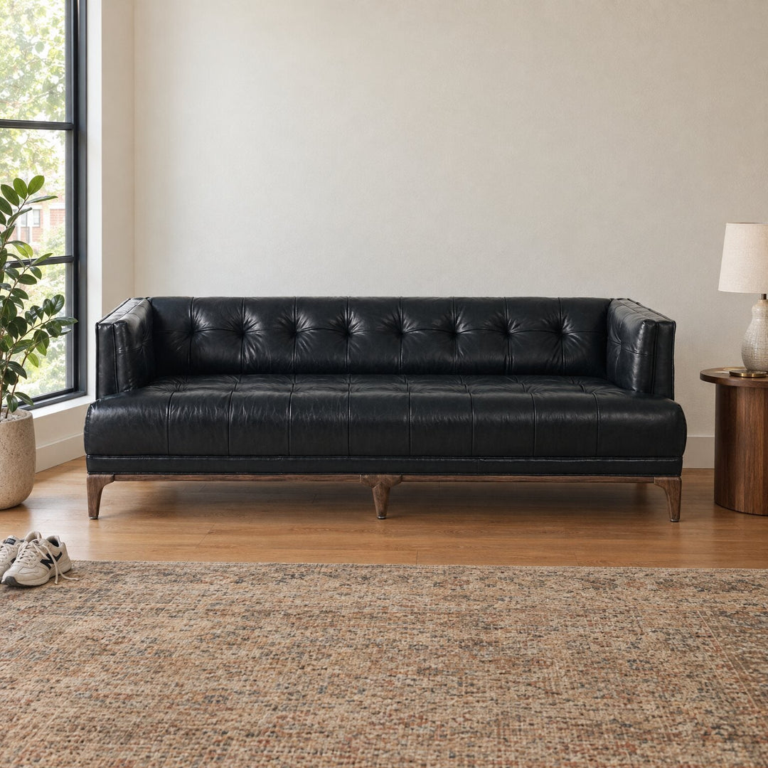 Dylan Sofa 78" compact in Rider Black leather in a styled Portland living room - Whats New Furniture Portland OR