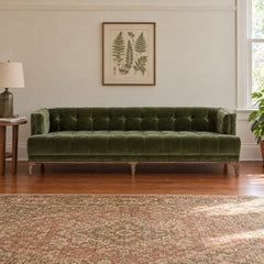Dylan Sofa 91" in Sapphire Olive velvet in a styled Portland living room - Whats New Furniture Portland OR