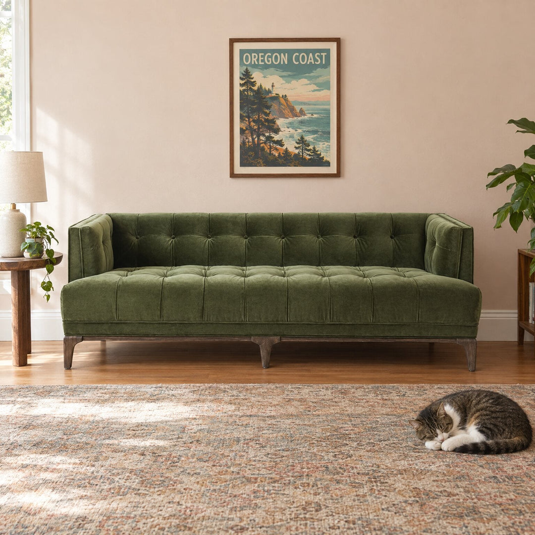 Dylan Sofa 78" compact in Sapphire Olive velvet in a styled Portland living room - Whats New Furniture Portland OR