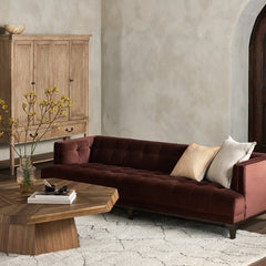 Dylan Sofa in Surrey Auburn velvet in a Four Hands styled living room - Whats New Furniture Portland OR