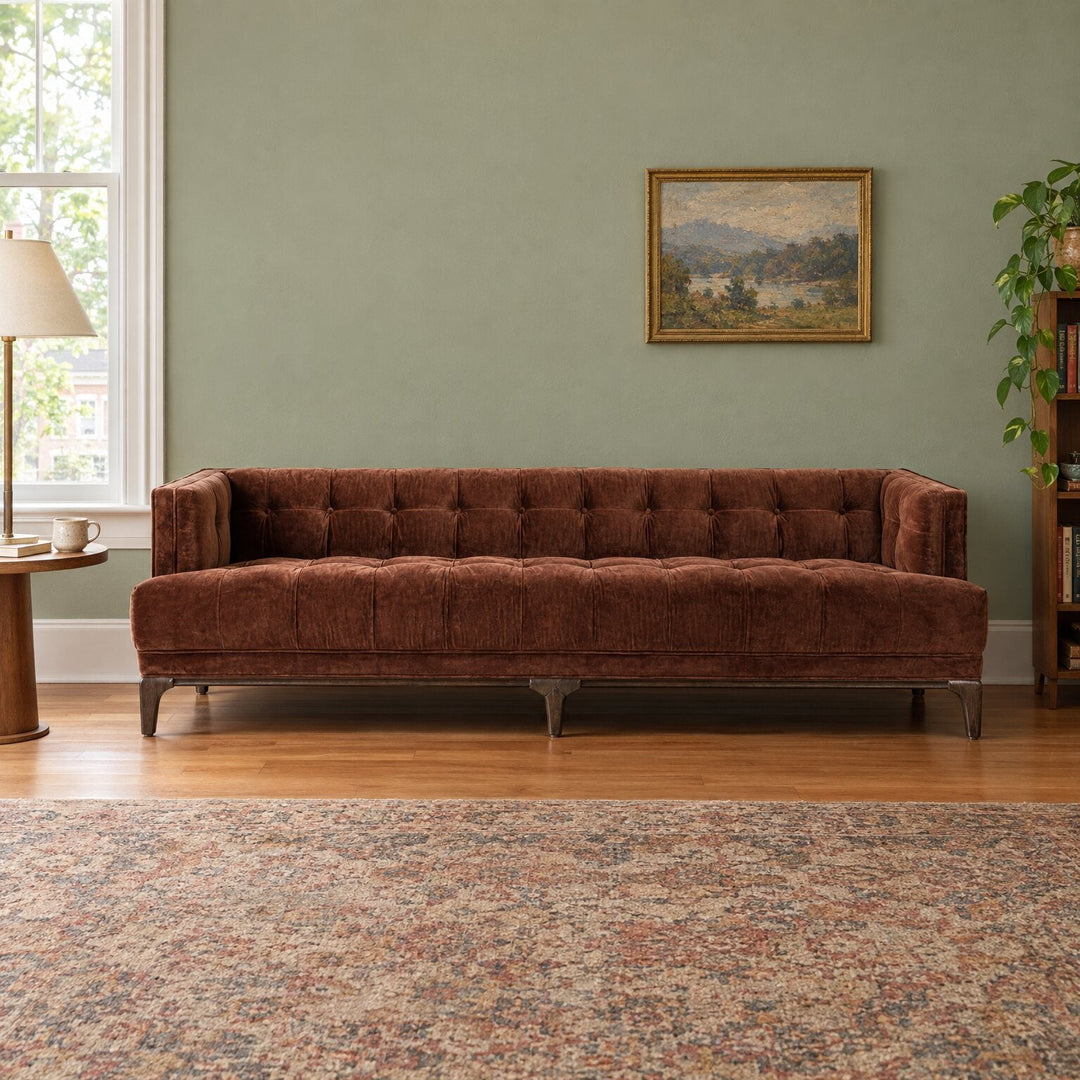 Dylan Sofa in Surrey Auburn velvet in a styled Portland living room - Whats New Furniture Portland OR