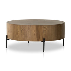 Eaton Drum Coffee Table in Amber Oak Resin three-quarter view - Whats New Furniture Portland OR