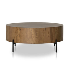 Eaton Drum Coffee Table in Amber Oak Resin front studio view - Whats New Furniture Portland OR