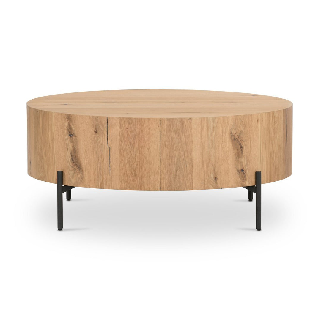 Eaton Drum Coffee Table in Light Oak Resin front studio view - Whats New Furniture Portland OR