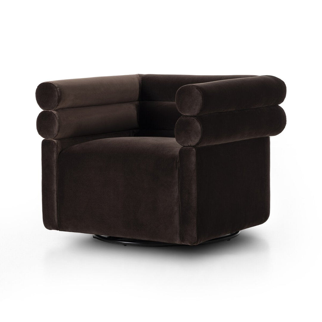 Evie Swivel Chair in Surrey Cocoa three-quarter view - Whats New Furniture Portland OR