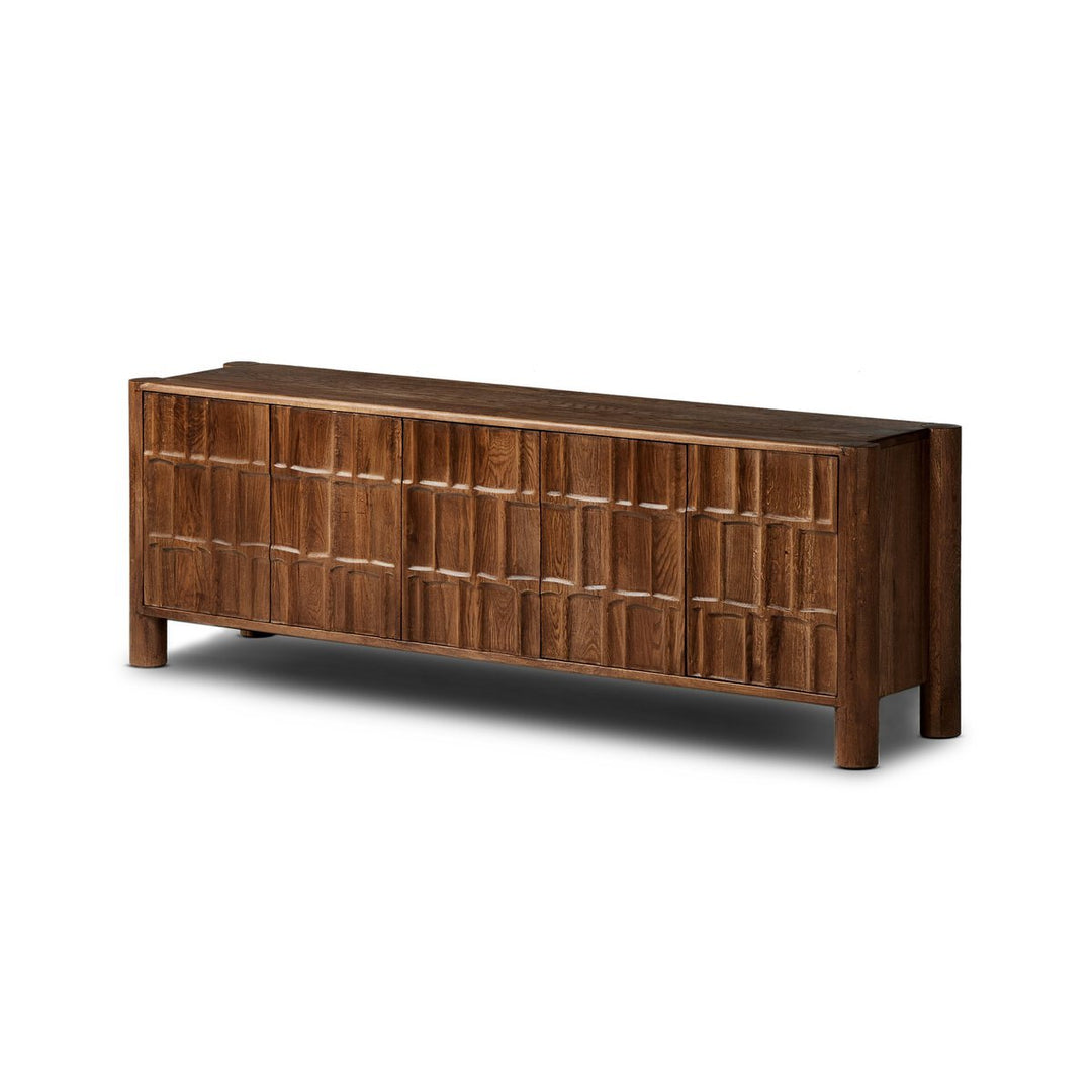 Ezri Media Console in Cocoa Oak three-quarter studio view - Whats New Furniture Portland OR