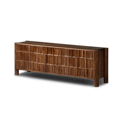 Ezri Media Console in Cocoa Oak three-quarter studio view - Whats New Furniture Portland OR