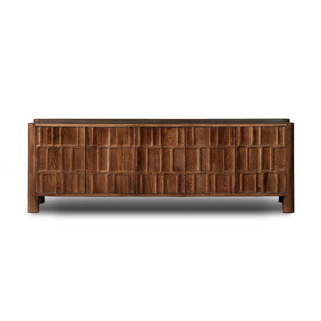 Ezri Media Console in Cocoa Oak front studio view - Whats New Furniture Portland OR