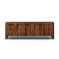Ezri Media Console in Cocoa Oak front studio view - Whats New Furniture Portland OR