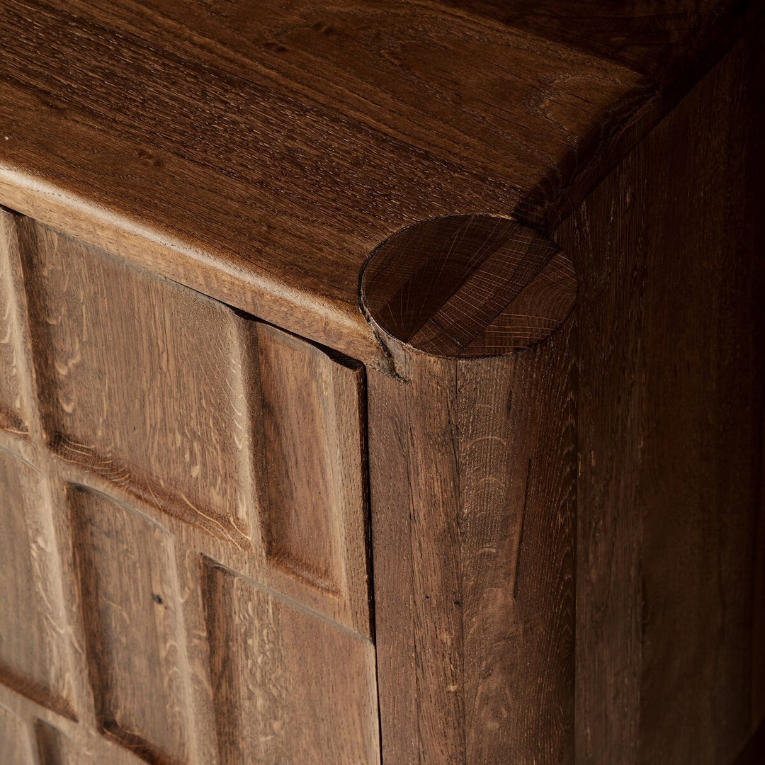 Ezri Media Console in Cocoa Oak cylinder leg detail view - Whats New Furniture Portland OR