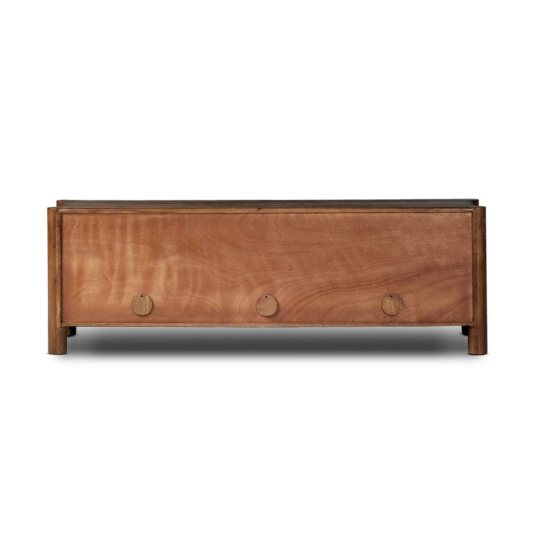 Ezri Media Console in Cocoa Oak carved front detail detail view - Whats New Furniture Portland OR