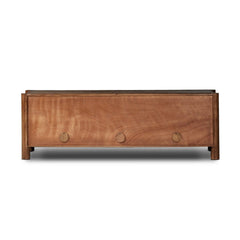 Ezri Media Console in Cocoa Oak carved front detail detail view - Whats New Furniture Portland OR