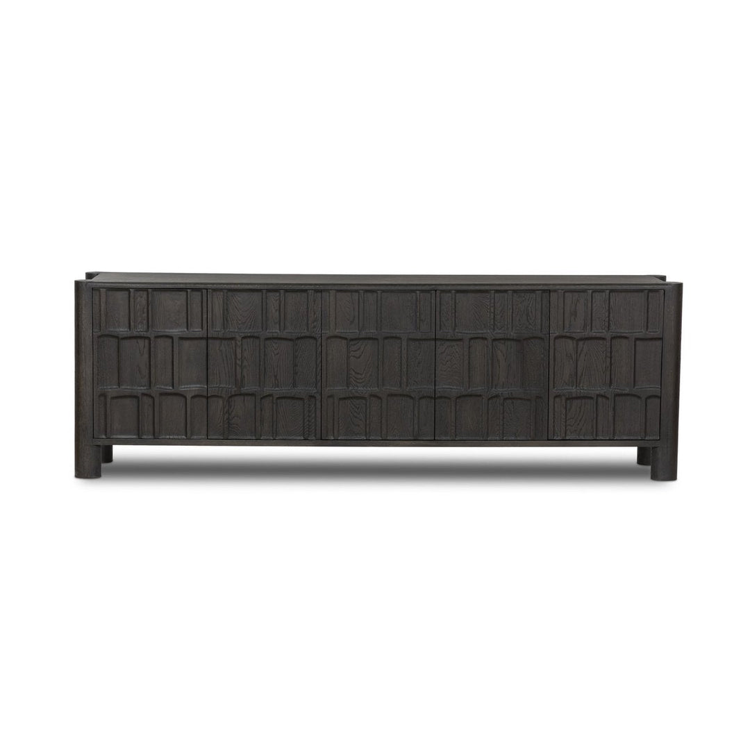 Ezri Media Console in Black Oak front studio view - Whats New Furniture Portland OR