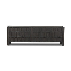 Ezri Media Console in Black Oak front studio view - Whats New Furniture Portland OR