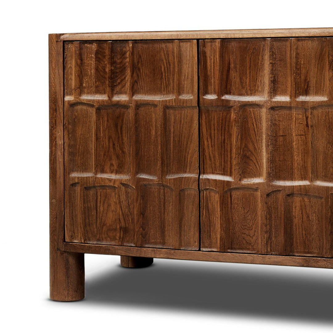 Ezri Media Console in Cocoa Oak wood joinery detail view - Whats New Furniture Portland OR