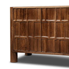 Ezri Media Console in Cocoa Oak wood joinery detail view - Whats New Furniture Portland OR