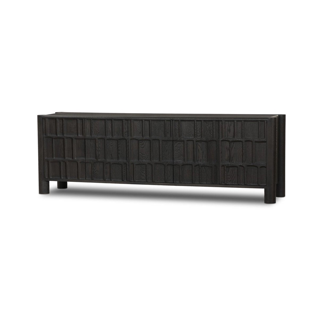 Ezri Media Console in Black Oak three-quarter studio view - Whats New Furniture Portland OR