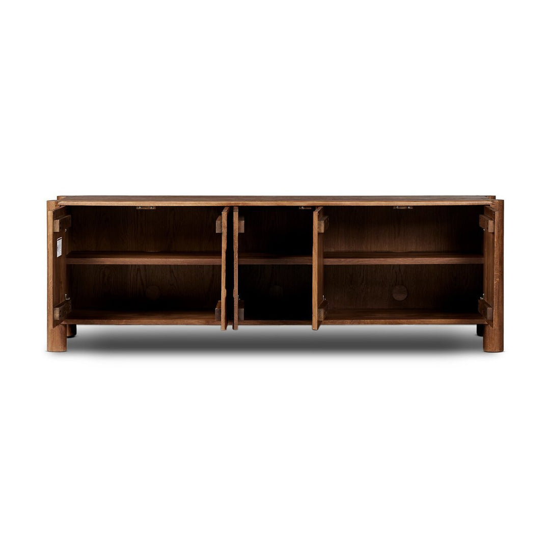 Ezri Media Console in Cocoa Oak surface texture detail view - Whats New Furniture Portland OR