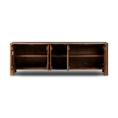 Ezri Media Console in Cocoa Oak surface texture detail view - Whats New Furniture Portland OR