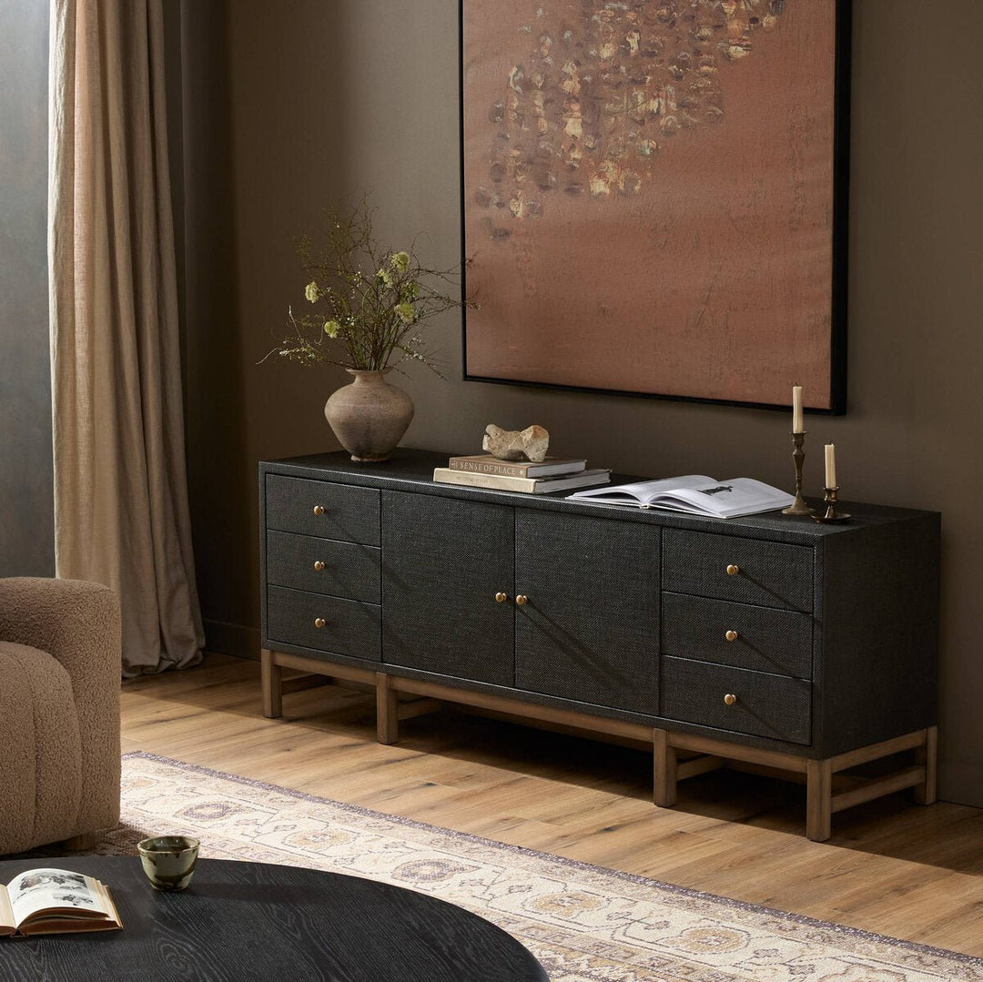 Fiona Media Console in Black Raffia back view - Whats New Furniture Portland OR