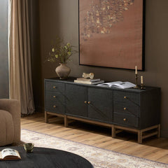 Fiona Media Console in Black Raffia back view - Whats New Furniture Portland OR
