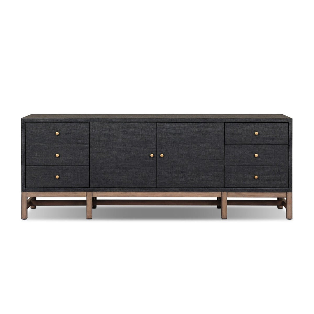 Fiona Media Console in Black Raffia front studio view - Whats New Furniture Portland OR
