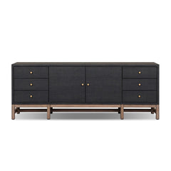 Fiona Media Console in Black Raffia front studio view - Whats New Furniture Portland OR