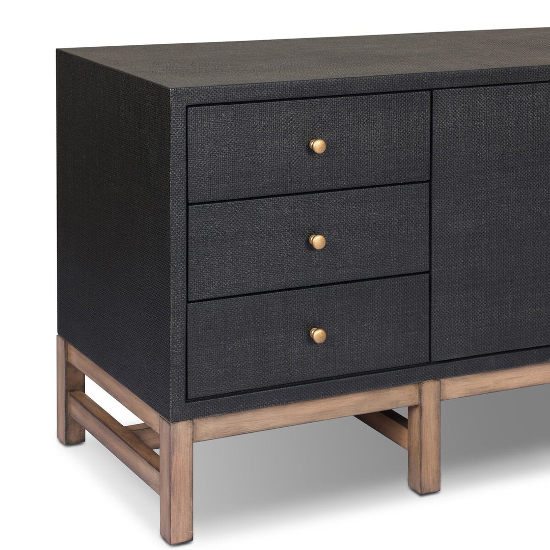 Fiona Media Console in Black Raffia detail view - Whats New Furniture Portland OR