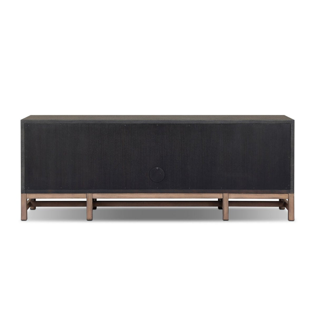 Fiona Media Console in Black Raffia detail view - Whats New Furniture Portland OR