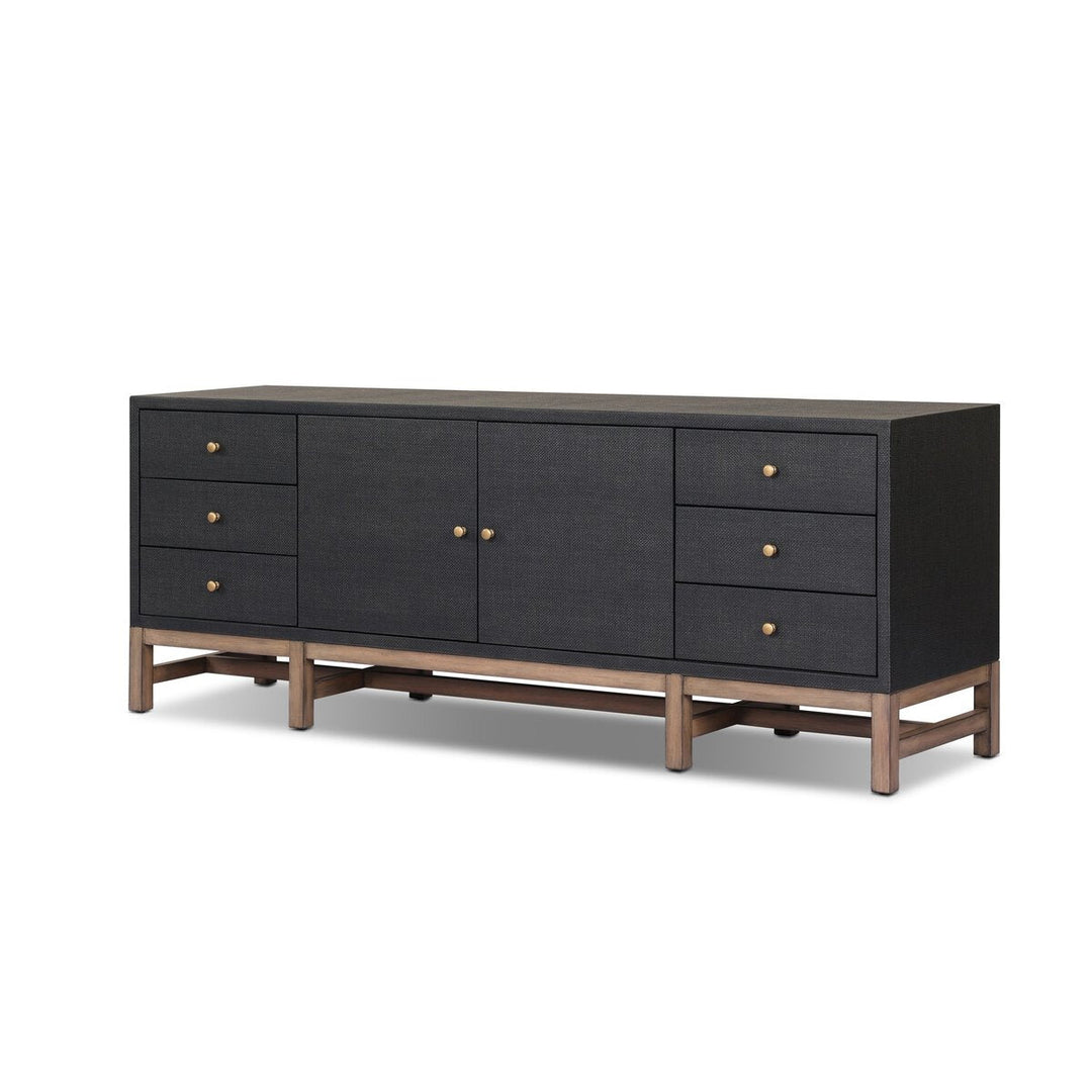 Fiona Media Console in Black Raffia three-quarter view - Whats New Furniture Portland OR