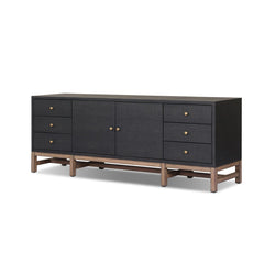 Fiona Media Console in Black Raffia three-quarter view - Whats New Furniture Portland OR