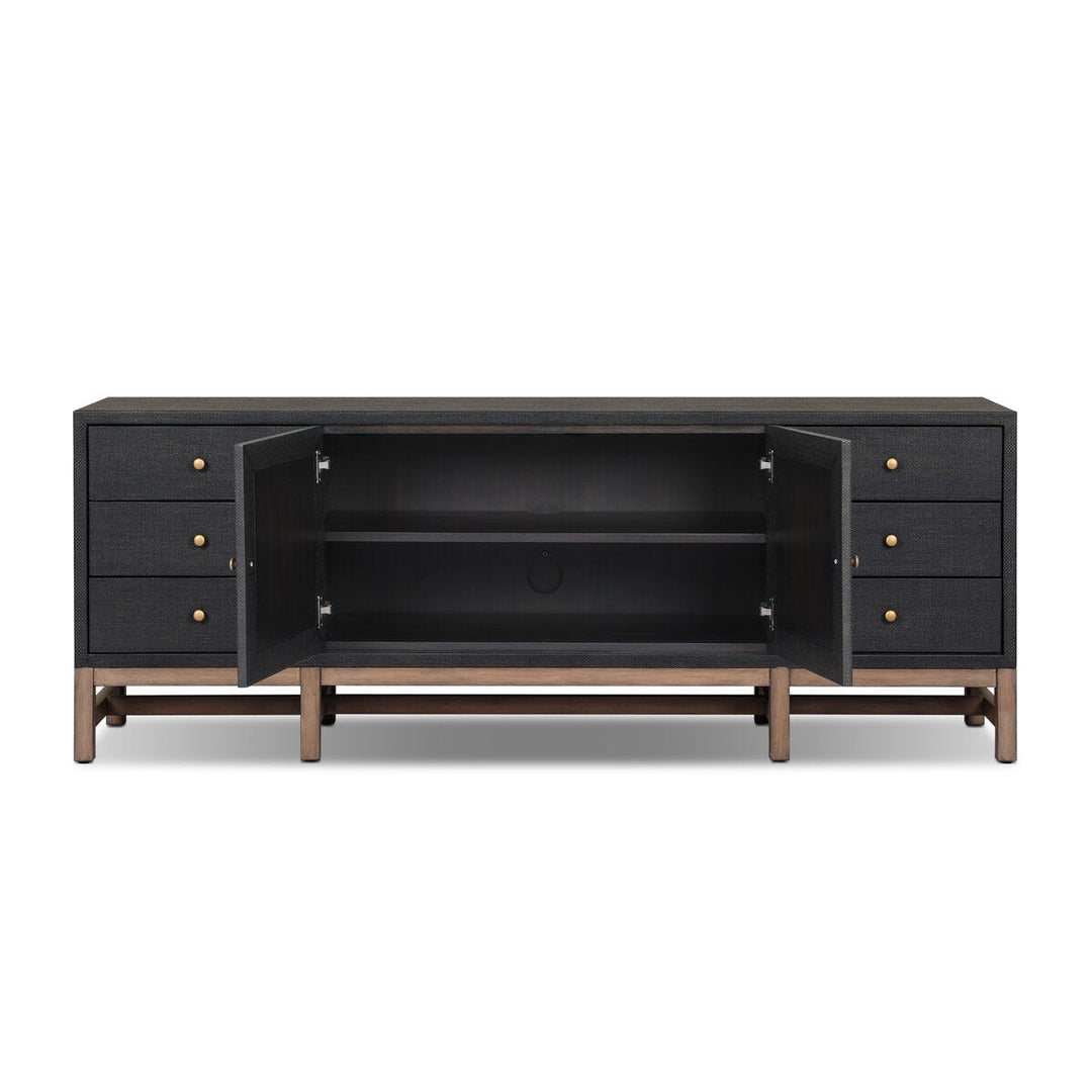 Fiona Media Console in Black Raffia detail view - Whats New Furniture Portland OR