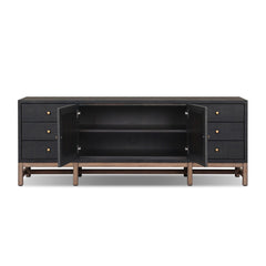 Fiona Media Console in Black Raffia detail view - Whats New Furniture Portland OR