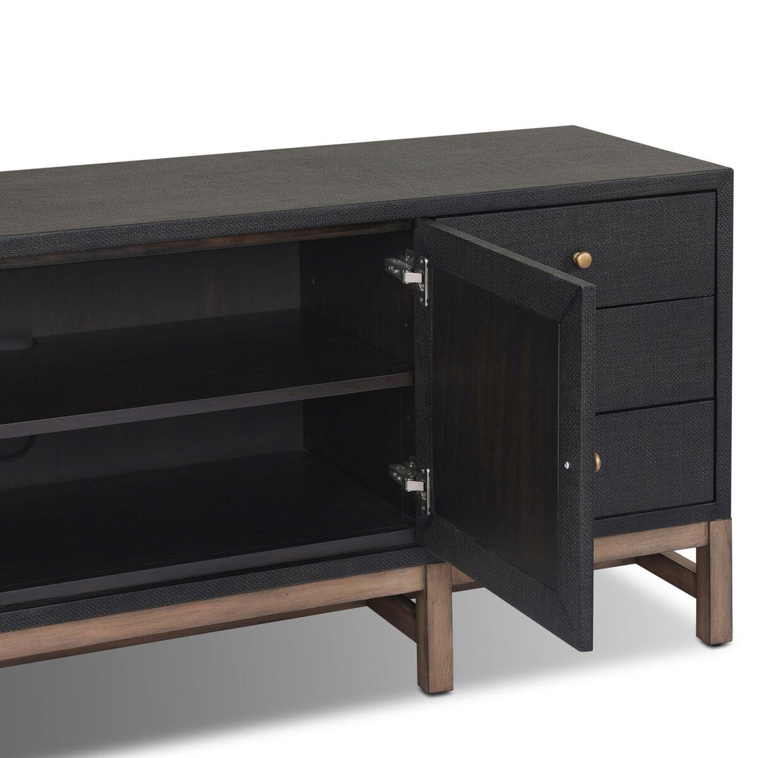 Fiona Media Console in Black Raffia detail view - Whats New Furniture Portland OR