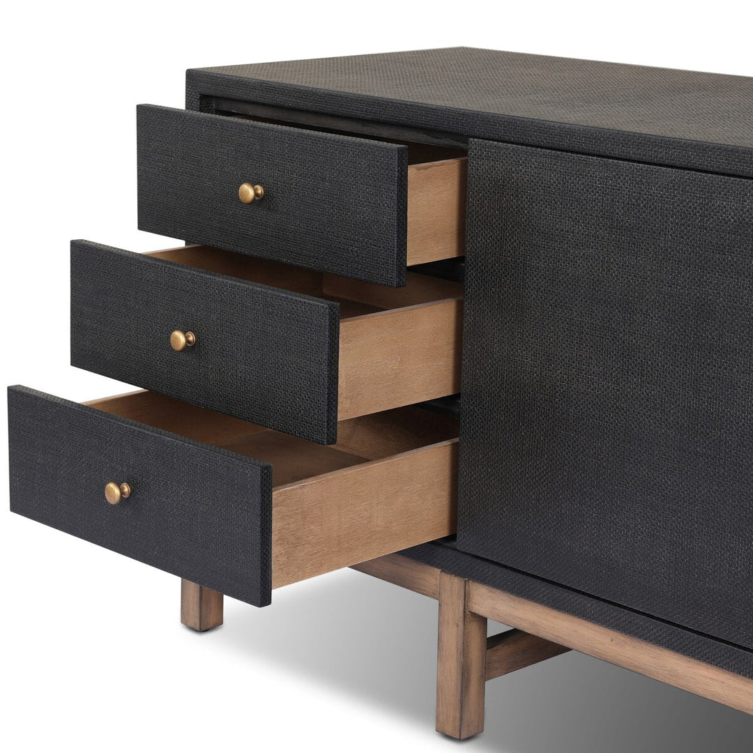 Fiona Media Console in Black Raffia detail view - Whats New Furniture Portland OR