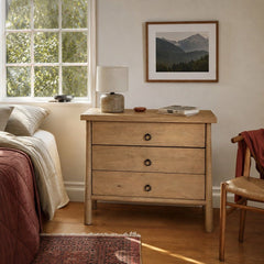 Freddie Chest in Caramel Mango styled in Portland Mt. Tabor mid-century daylight ranch bedroom - Whats New Furniture