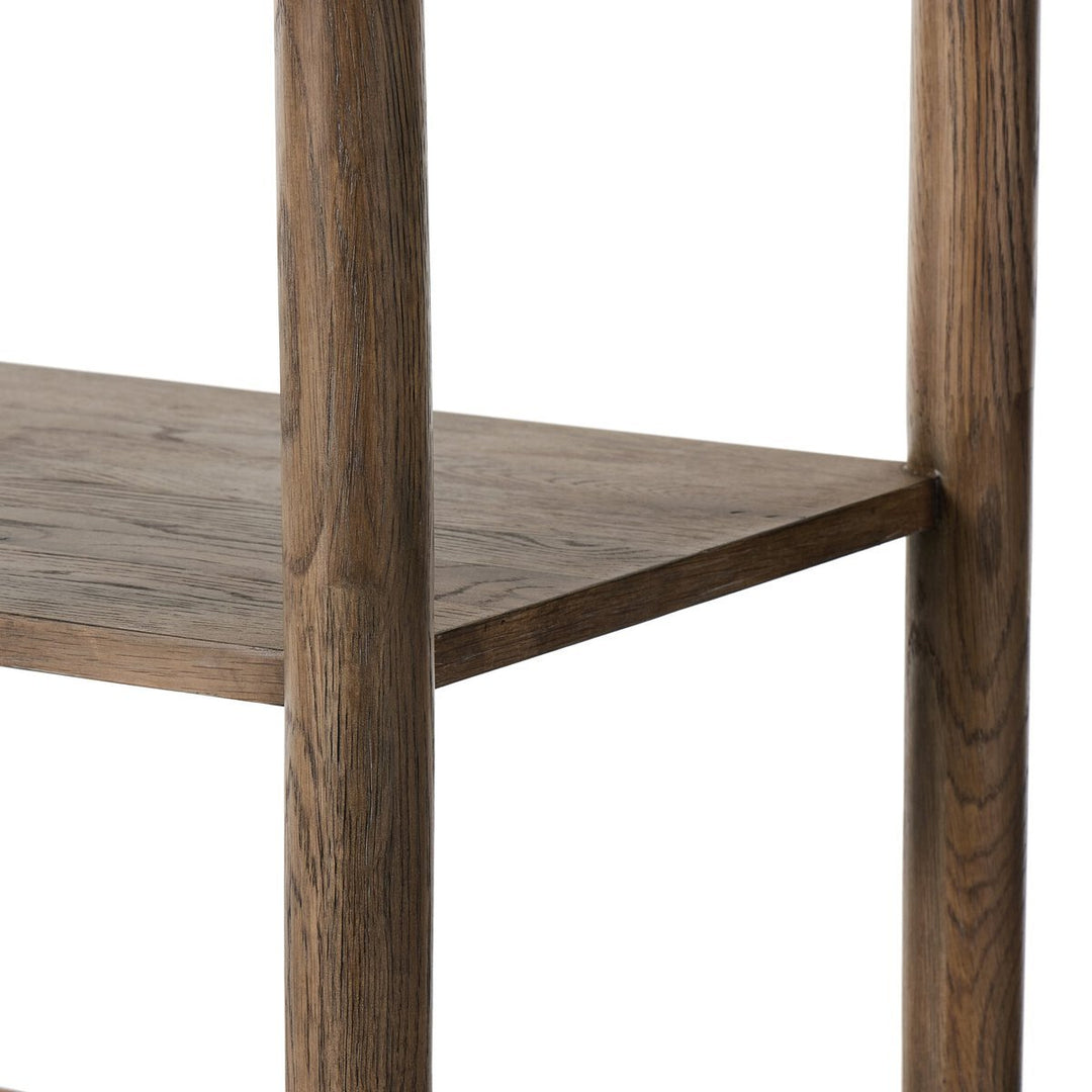Glenview Bookcase in Weathered Oak curved corner detail view - Whats New Furniture Portland OR
