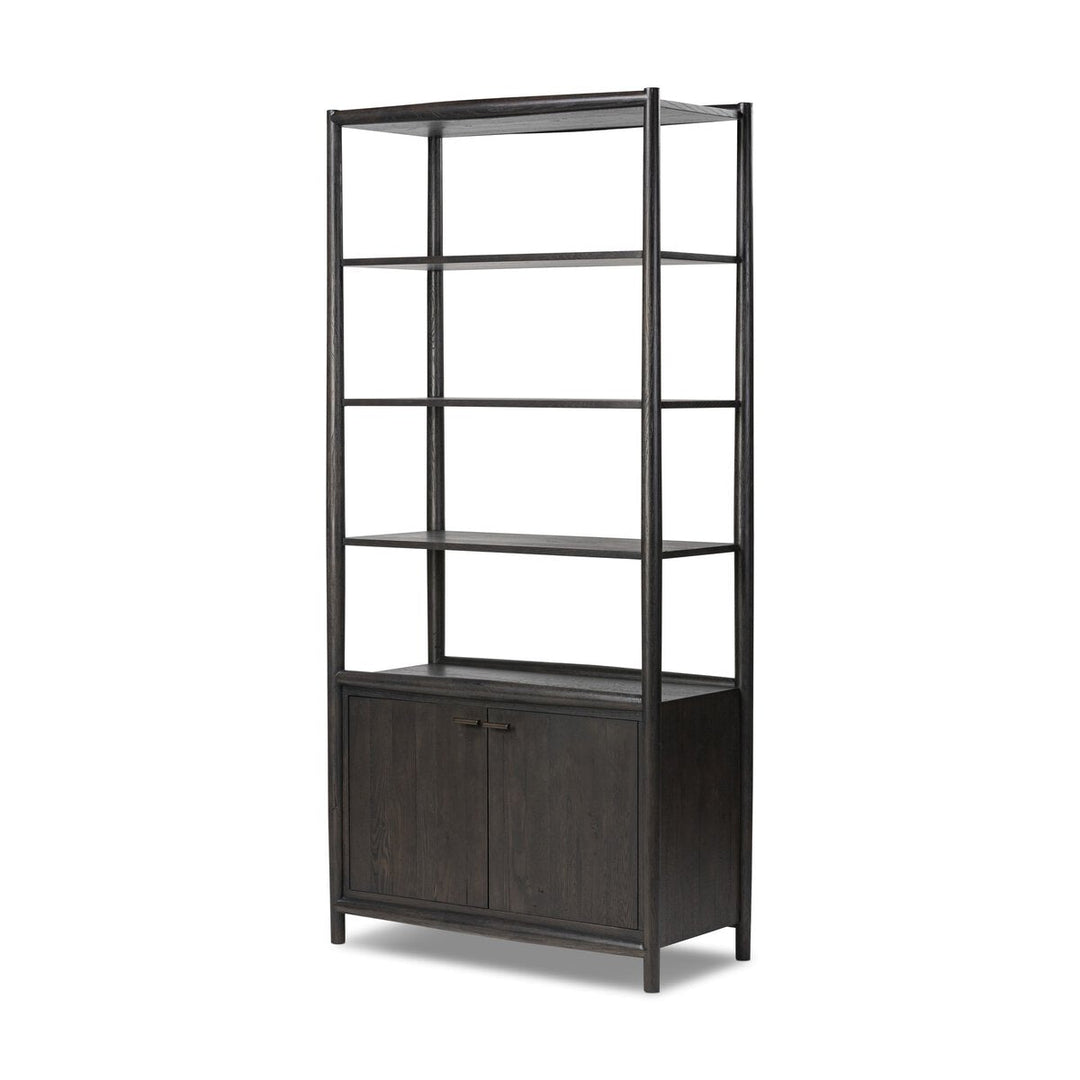 Glenview Bookcase in Smoked Black Oak three-quarter studio view - Whats New Furniture Portland OR