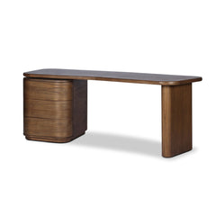 Hawthorne Desk in Amber Sungkai Veneer three-quarter view showing boomerang top - Whats New Furniture Portland OR